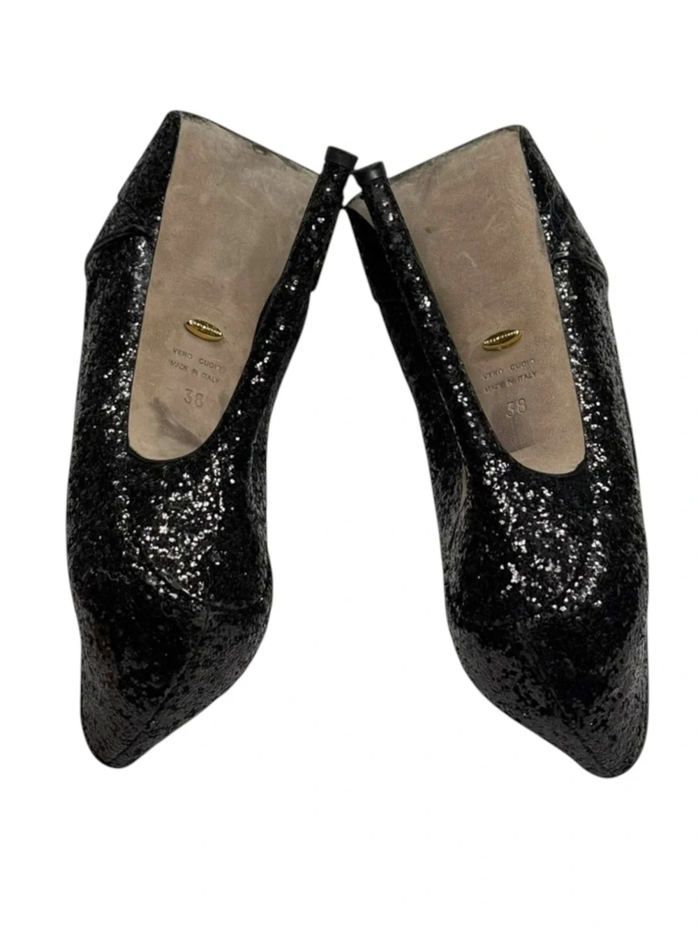 Sergio Rossi 𒀭Boston Glitter Peep Toe Platform Sky High Stiletto Pumps 𒀭Black 38